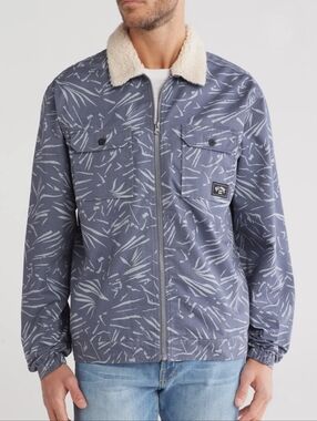 Billabong Mens Small Xander Jacket Coat Palm Print Sherpa Collar Full Zip Blue